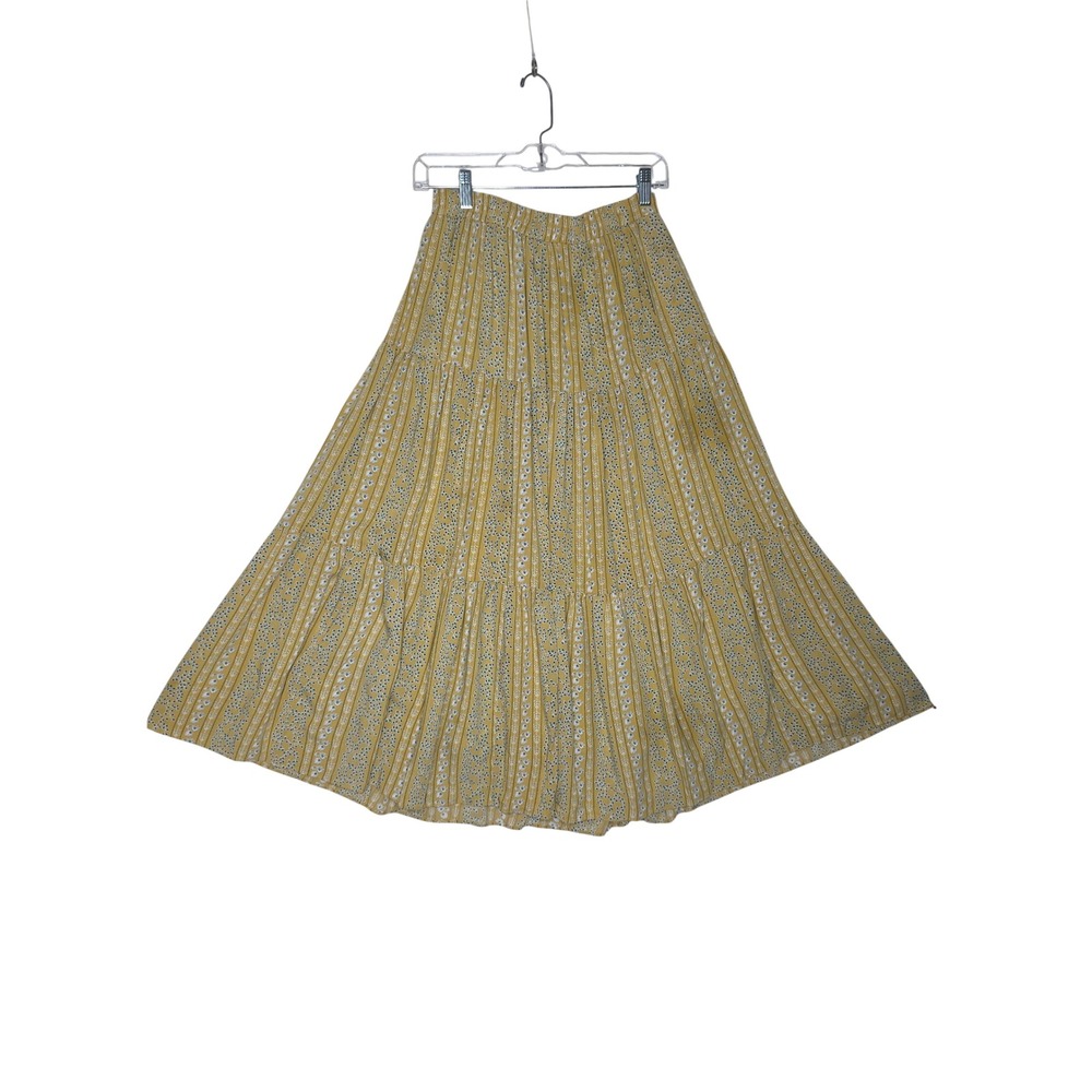 ResetbyJane Yellow Floral Stripe Tiered MaxiSkirtSmall Boho ElasticWaist‎ Comfy